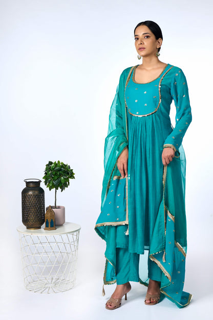Green Georgette Gold Kurta Set