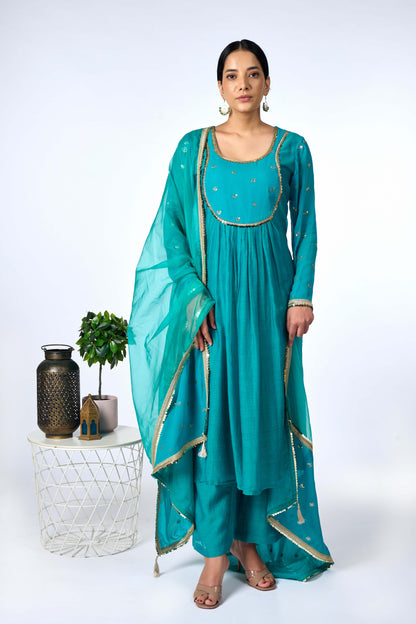 Green Georgette Gold Kurta Set